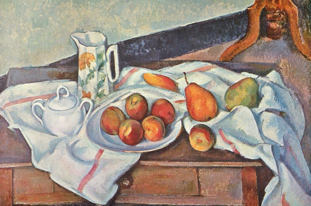 Tableau Paul Cézanne Fruit and Sheet en format medium avec cadre marron élégant