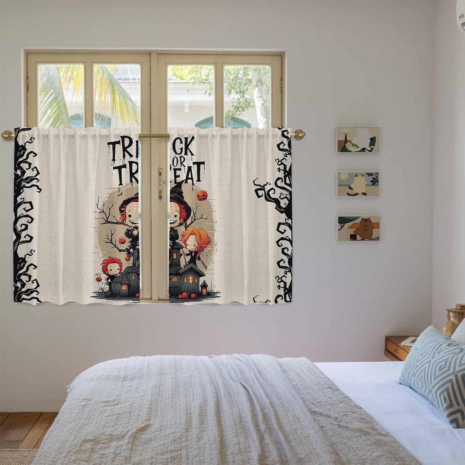Halloween Kitchen Tier Curtains 45 Inch Long 2 Panel Set,Rod Pocket Short Window Treatment,Trick Or Treat Children Pumpkin Black Branches Curtains & Drapes for Bathroom Basement 27.5"W x 45"L