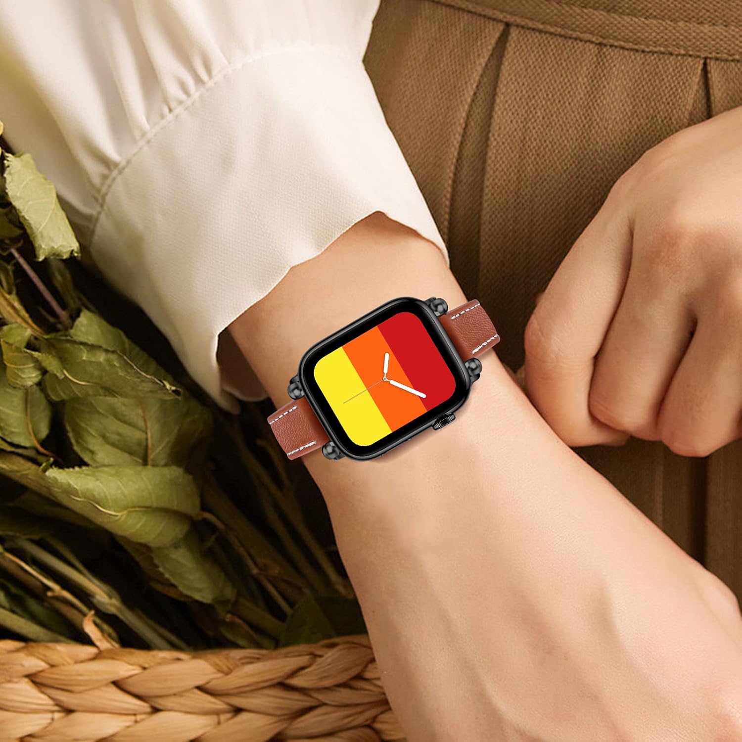 JOYOZY Slim Leather Band for Women Compatible with Apple Watch 49MM 45MM 44MM 42MM 41MM 40MM 38MM, Cute Fancy Top Genuine Leather Strap for iWatch Ultra, Series SE/9/8/7/6/5/4/3/2/1 (Brown/Black)