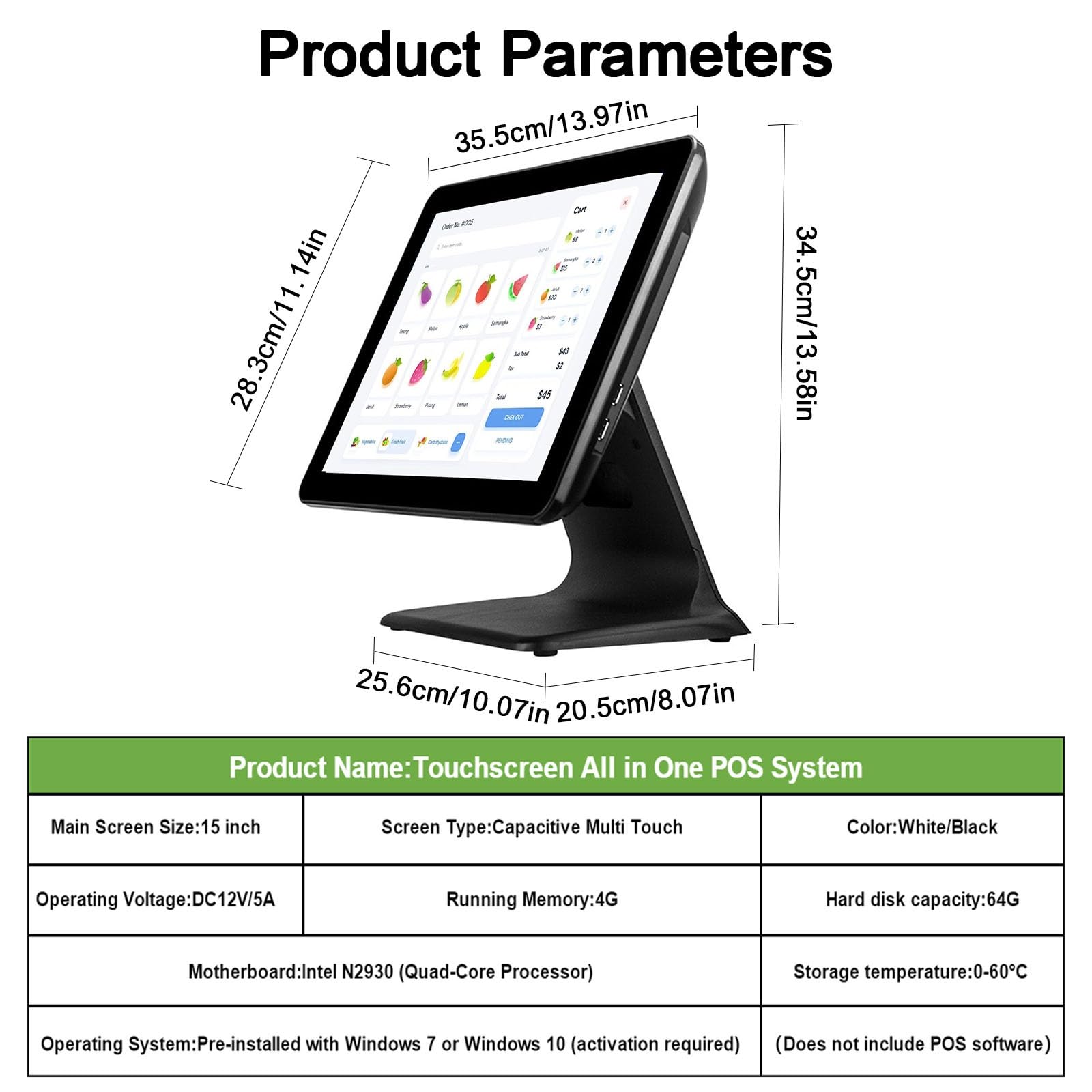 Terminale POS for ristoranti registratore di cassa nero con touch screen da 15 pollici for ufficio POS for ristoranti(White)