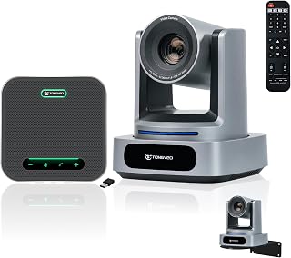 TONGVEO 4K AI 10X PTZ 회의 카메라 시스템 및 블루투스 스피커폰 | 10X 광학 줌 4K 비디오 카메라, AI 자동 추적 116° 광각, 교회 예배용 5m 오디오 픽업 마이크