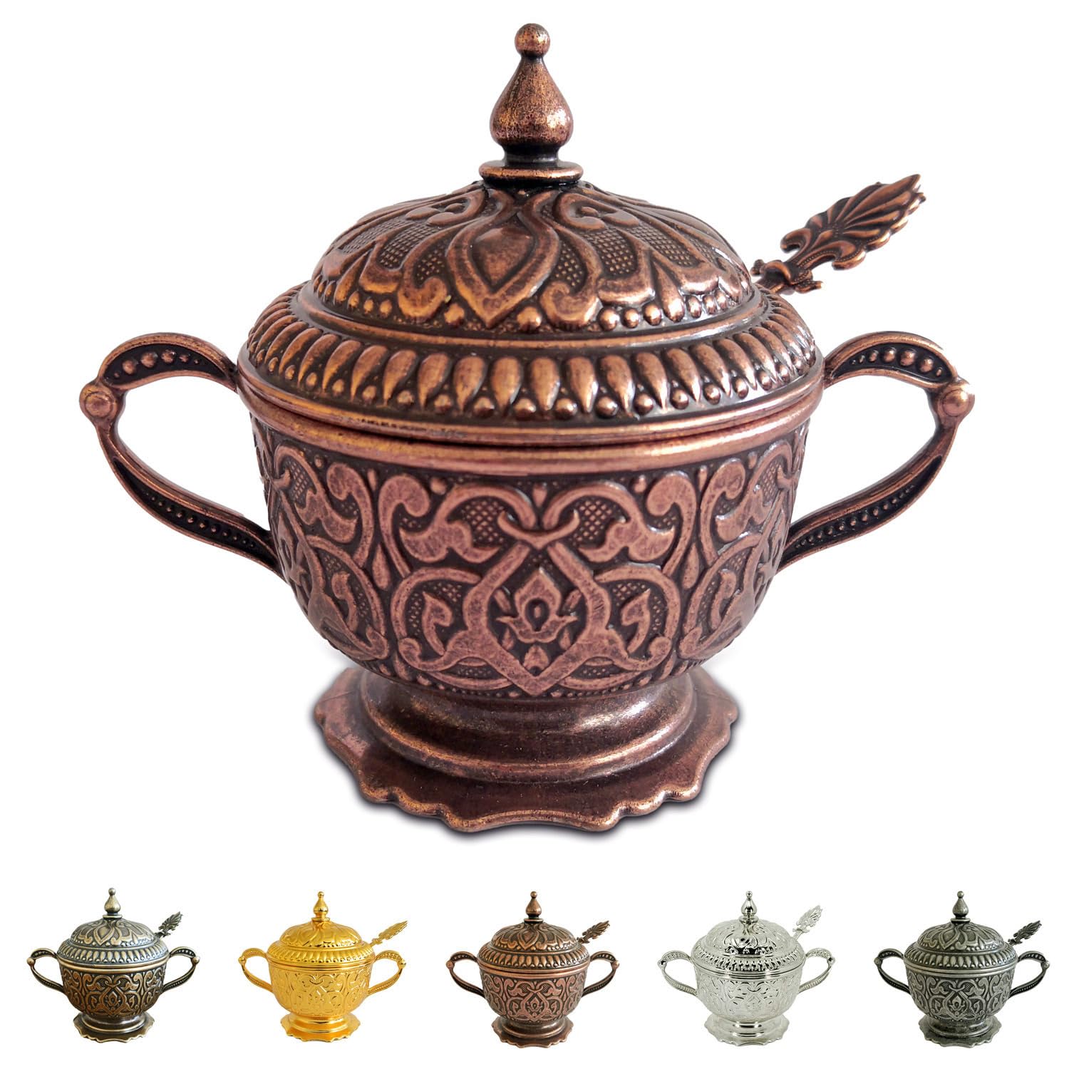 6 oz Embossed Metal Sugar Bowl with Lid and Spoon – Decorative Sugar Bowl with Lid, Cereal Bowl, Spice Jar Canister, and Sugar Jar with Spoon for Coffee Bar (Aged Brown)