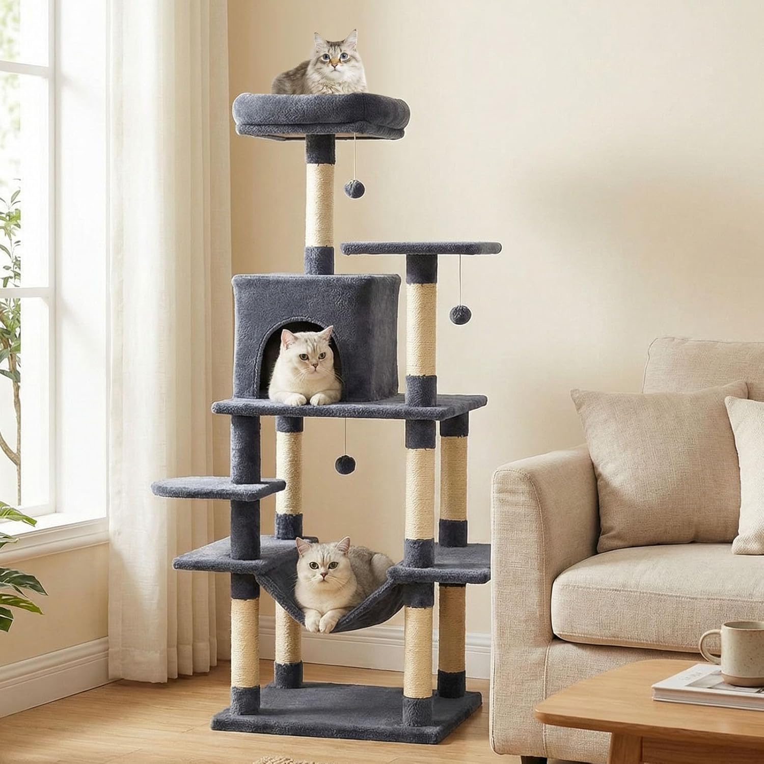 Tangkula 58 Inch Cat Tree Tower, Multi-Level Cat Tower with Sisal Scratching Posts, Padded Top Perch, Condo & Hammock, 3 Hanging Balls, Jumping Platforms for Indoor Cats (Gray)