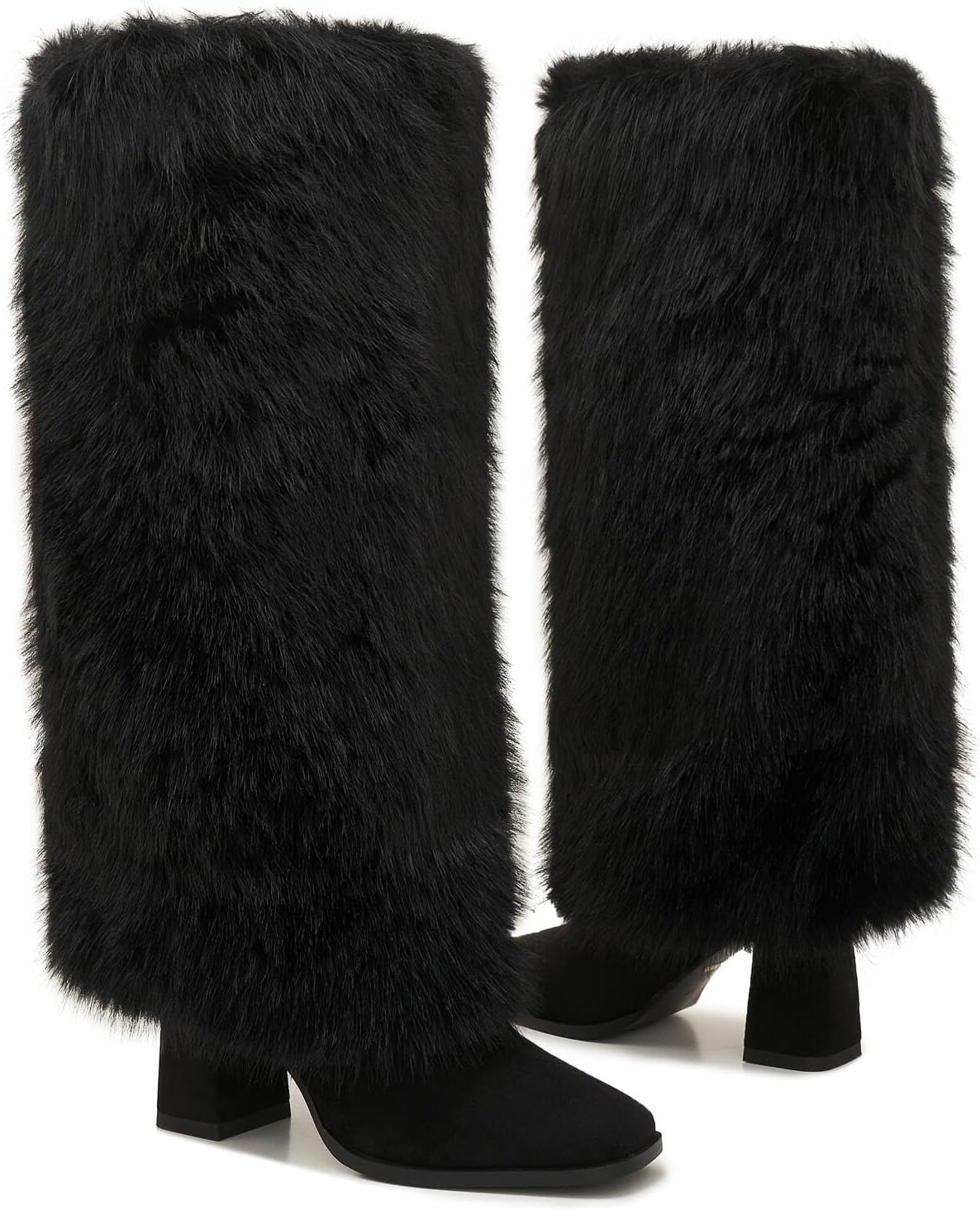 Knee High Fur Boots for Women – Fluffy Faux Fur Winter Boots with Chunky Heel, Warm Suede Snow Boot