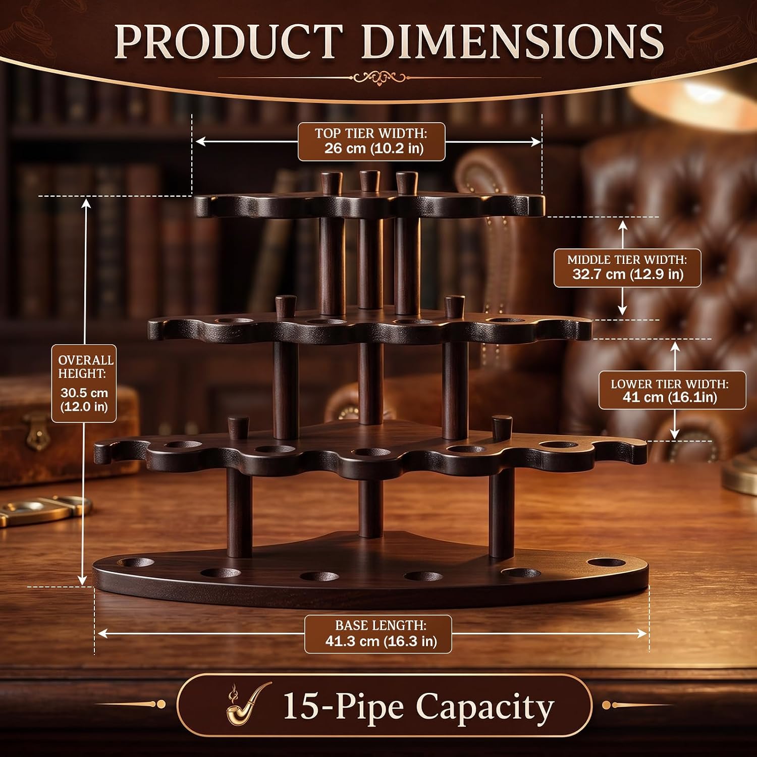 Novabright Pipe Stand Rack for 15 Pipes Pine Wood and Metal Pyramid Fan Shaped Four Layer Pipe Holder Display & Collector's Storage Organizer for Home Office Commercial