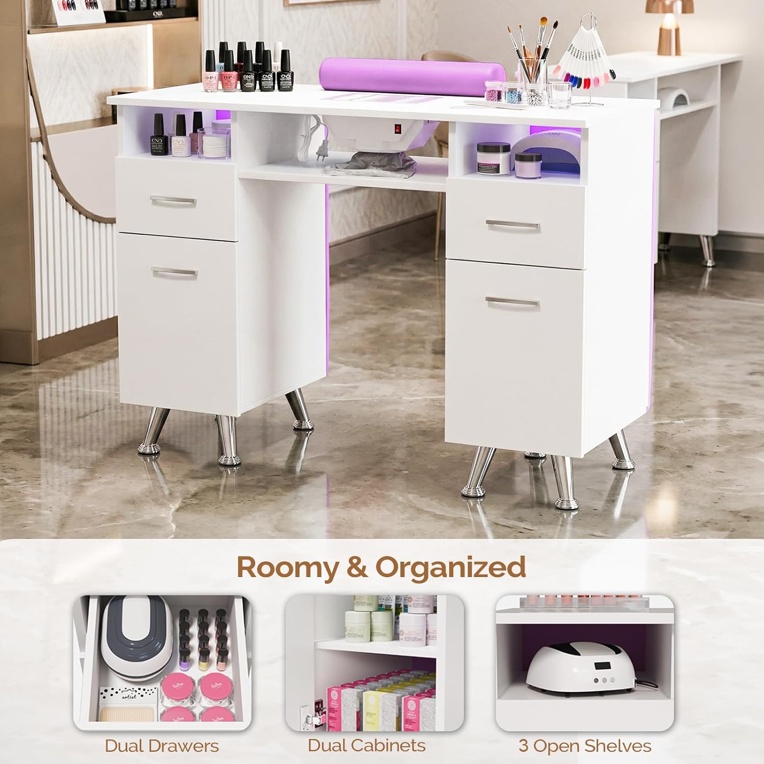 OmySalon Manicure Table w/Dust Collector, Nail Desk for Nail Tech, Nail Station with Storage, for Makeup Beauty Spa Salon, w/Hand Rest, Acetone Resistant (Purple, Manicure Table Only)