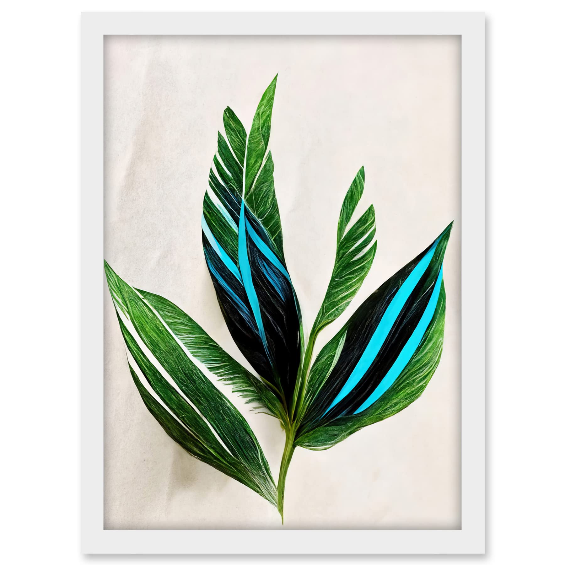 Wee Blue Coo Tropical Plant Feathery Leaves Green Turquoise Simple Botanical Illustration Artwork Framed A3 Wall Art Print