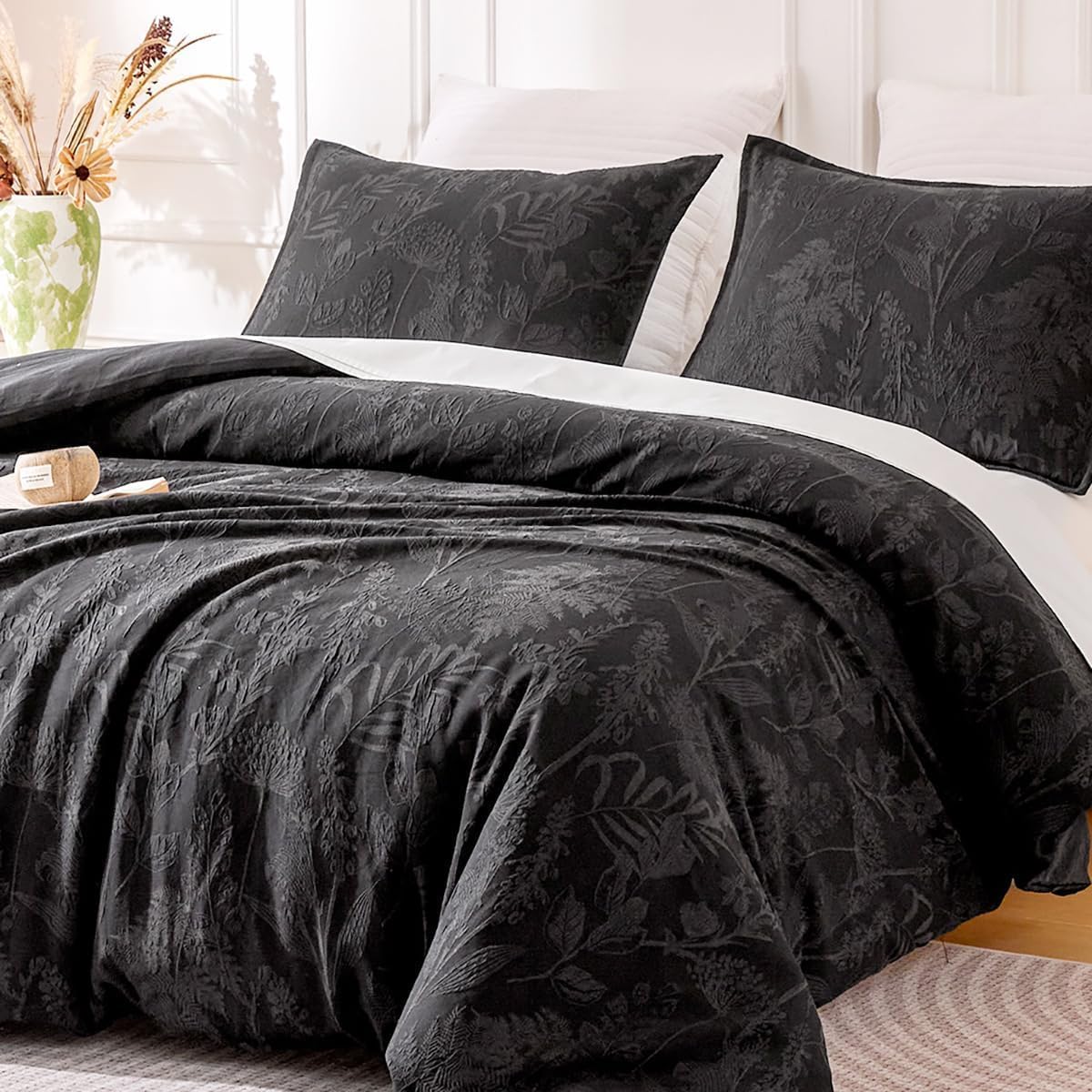 SLEEP ZONE Boho Duvet Cover Set Queen Size, Jacquard Leaf 3 Pieces Luxury Soft Breathable Duvet Cover with 2 Pillow Shams, Bedding Set for All Season, 90" × 90", Black