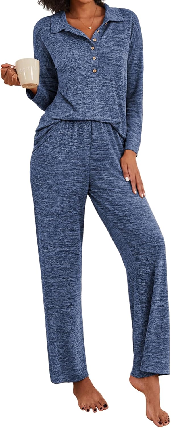 Ekouaer Women's Pajamas Set 2 Piece Knit Long Sleeve Button Down Sleepwear Soft Pjs Lounge Sets S-XXL