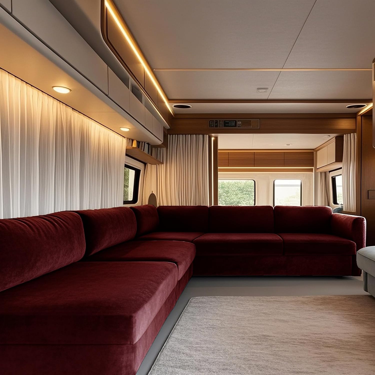 RV Dinette Cushions Covers Stretch Velvet Non-Slip Camper Sofa Cushion Cover with Straps Replacement Couch Cover for Caravan Bench (Wine red,W 51-63 in, D 26-35 in)