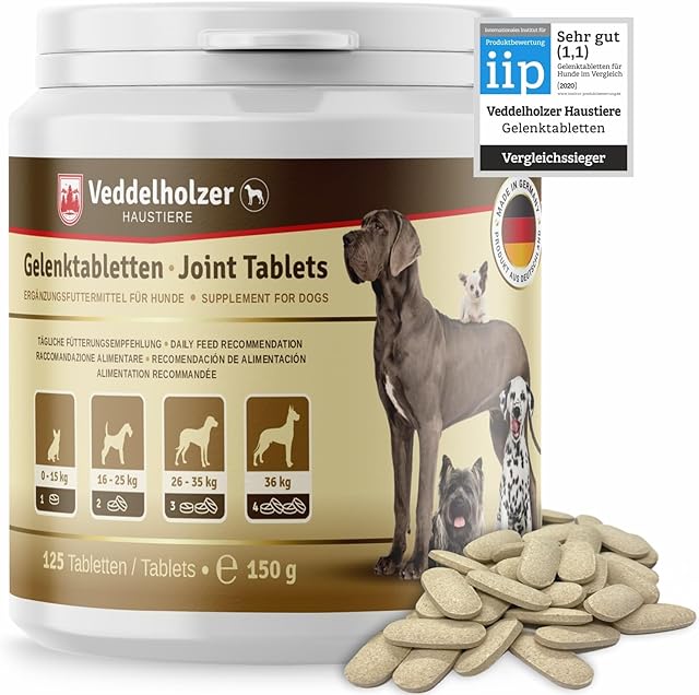Veddelholzer Dog Joint Tablets with Greenlipped Mussel MSM and Devil's Claw Glucosamine and Collagen from Germany 125 Capsules Treats with Hyalurron & Omega3