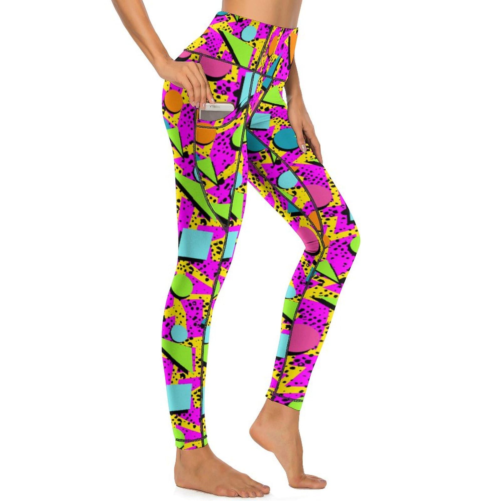 Msokazzles Women's Neon 80S 90S High Waisted Exercise Yoga Pants For Running Sports Workout Yoga Leggings With Pockets, Xl