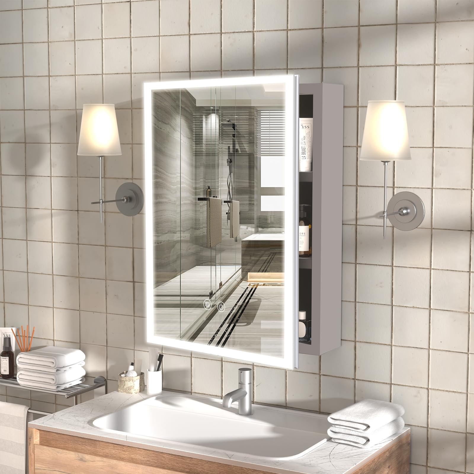 LIANWANG LED Bathroom Mirror Cabinet, Illuminated Bathroom Cabinets with Defogger, Dimmer, Wall Mounted Medicine Cabinet with 3 Shelves Storage, White/Left Hinge，560x400mm — image 1