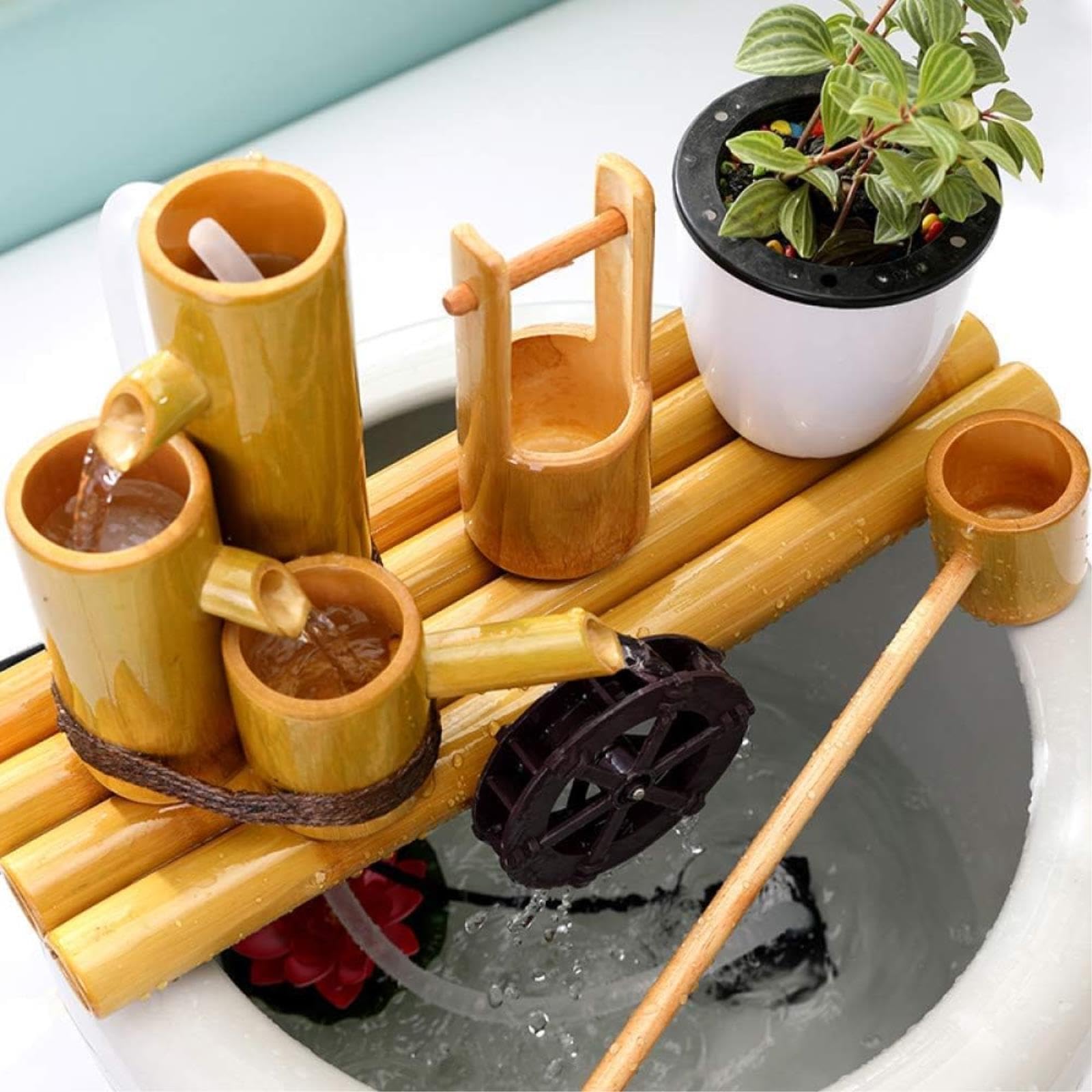 Fuente de bambú, Elemento acuático para jardín Zen, Cascada de Mesa para Interiores, Adorno acuático de bambú con Bomba, decoración para balcón, césped, Estanque, pecera, 21,7 pulg
