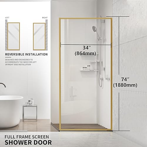 Miniatura 3 de Puerta fija de cristal de ducha de baño con marco completo, panel de pantalla de vidrio de ducha individual de 34 x 74 pulgadas, puerta de ducha de