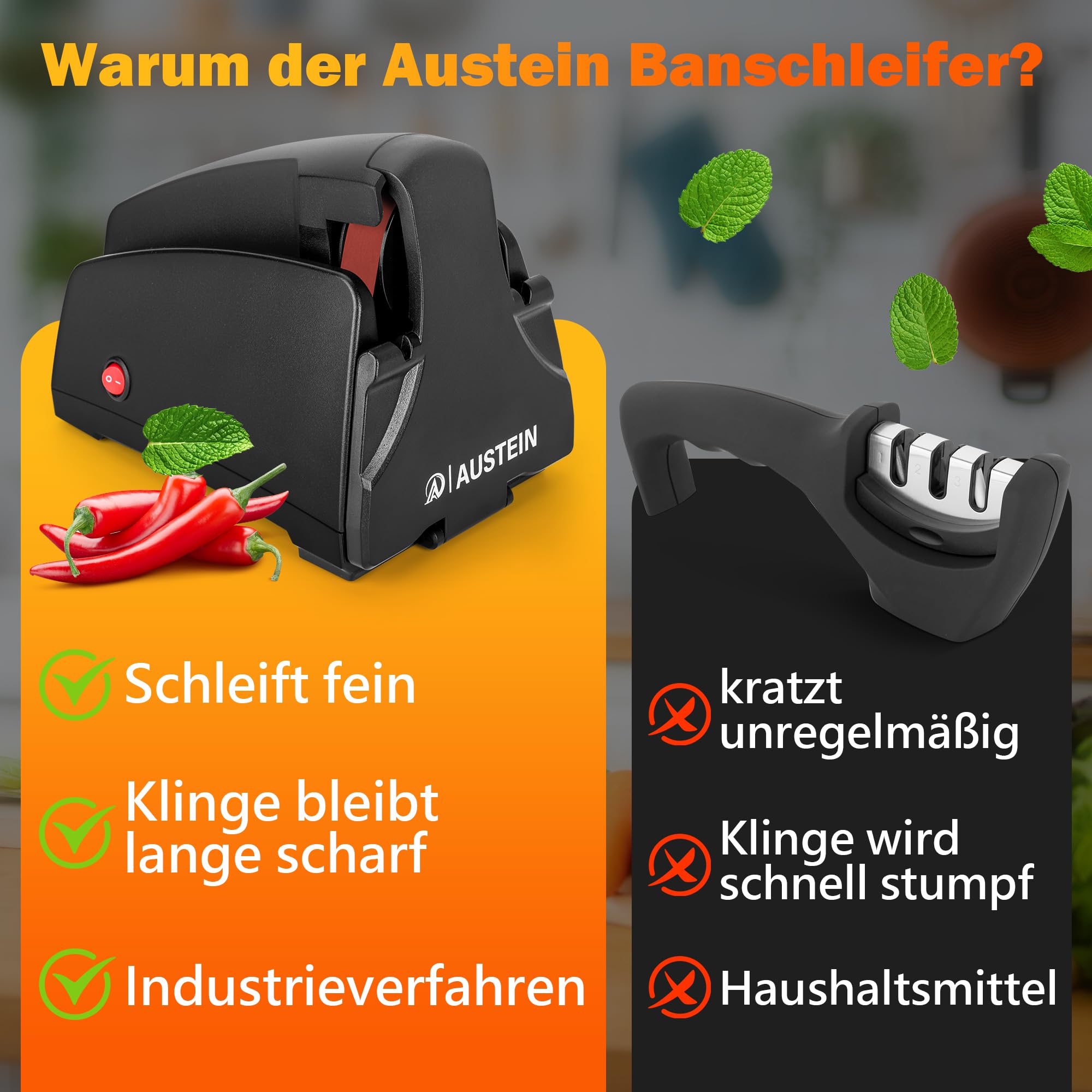 AUSTEIN Band Messerschärfer elektrisch TG2002 Profi Messerschleifer konvexen Schliff 4 Schleifabstufungen