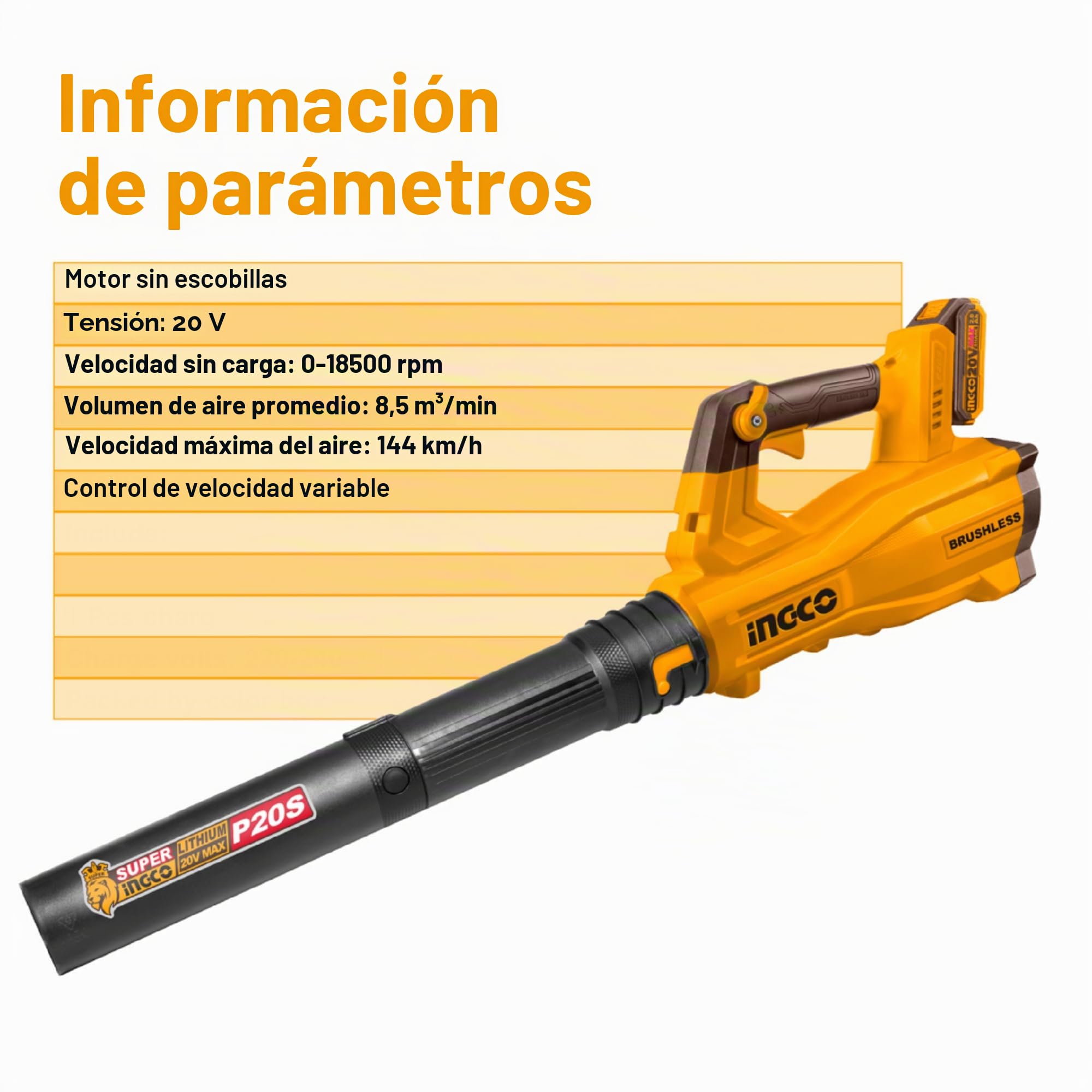 INGCO Soplador de hojas sin escobillas de 20 V (solo cuerpo), barredora de hojas de mano inalámbrica, velocidad máxima del aire 144 km/h, 18500 RPM para el cuidado del césped, polvo, limpieza de malas