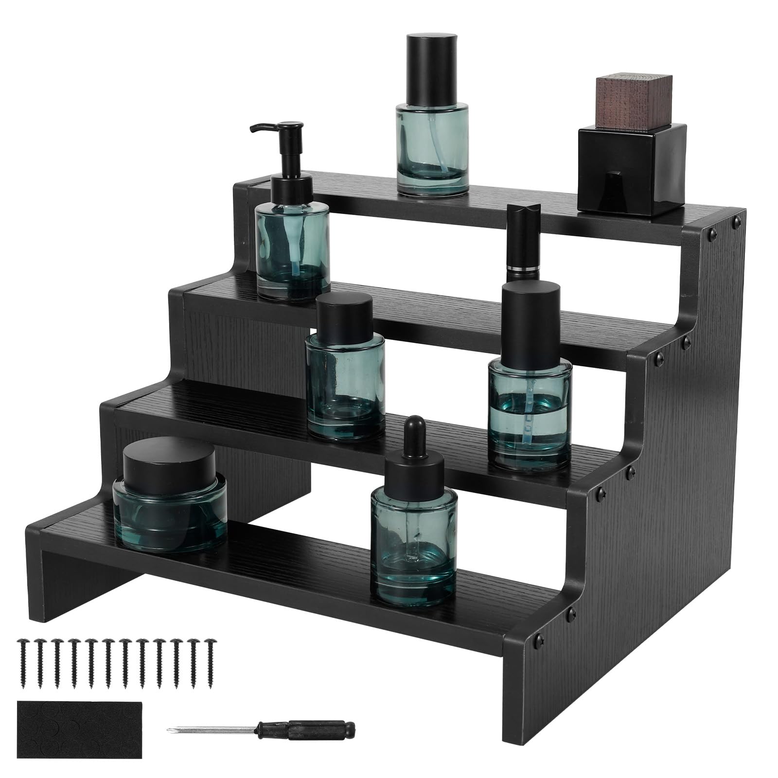 Zhjiutak Perfume Organiser Display Stand, Display Shelf Riser Stand , Wood Cupcake Stands, Collection Storage Shelves for Figures, Fragrance, Makeup, Cosmetic, Dessert, Condiment(4 Tier)