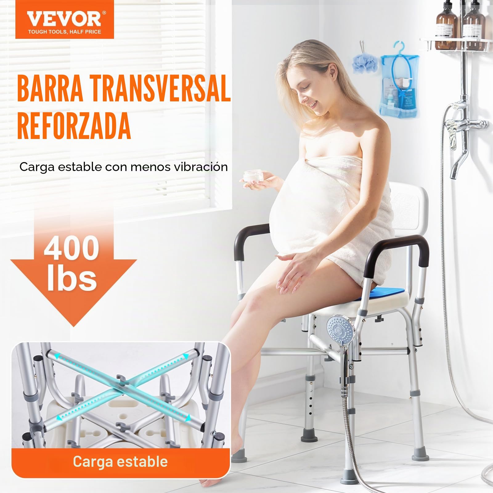 VEVOR Silla de Ducha Antideslizante Asiento de Ducha Carga de 181,4 kg con Barra Transversal Silla de Baño Altura Ajustable para Bañera de Ducha Interior para Ancianos, Mujeres Embarazadas, Azul