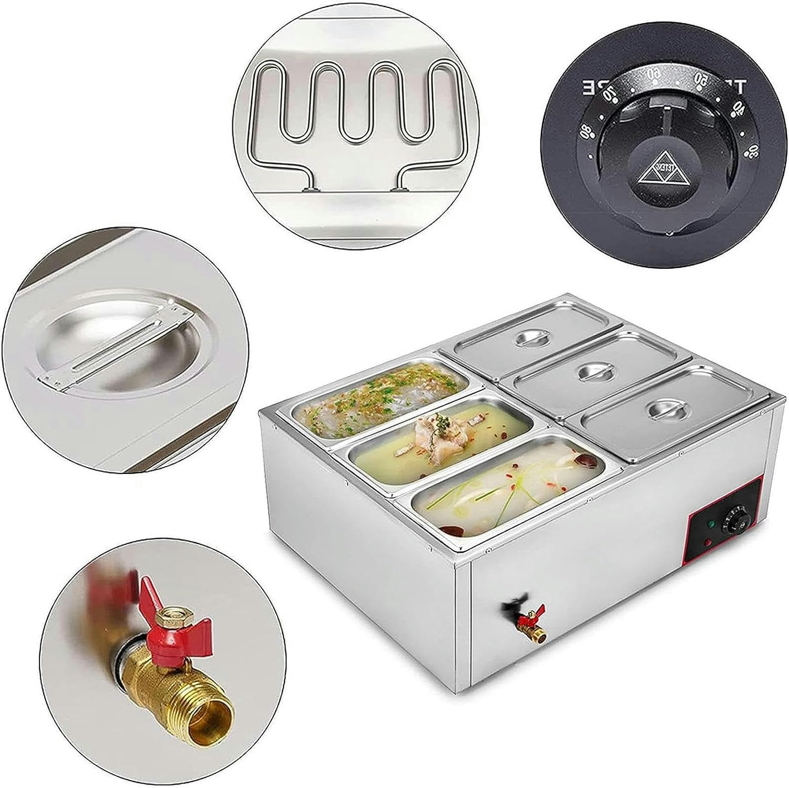 Scaldavivande elettrico da banco, 6 padelle, vassoio scaldavivande da 850 W, grande capacità, vassoi da buffet da 7 litri per buffet catering, intervallo di controllo della temperatura 30-85 °C