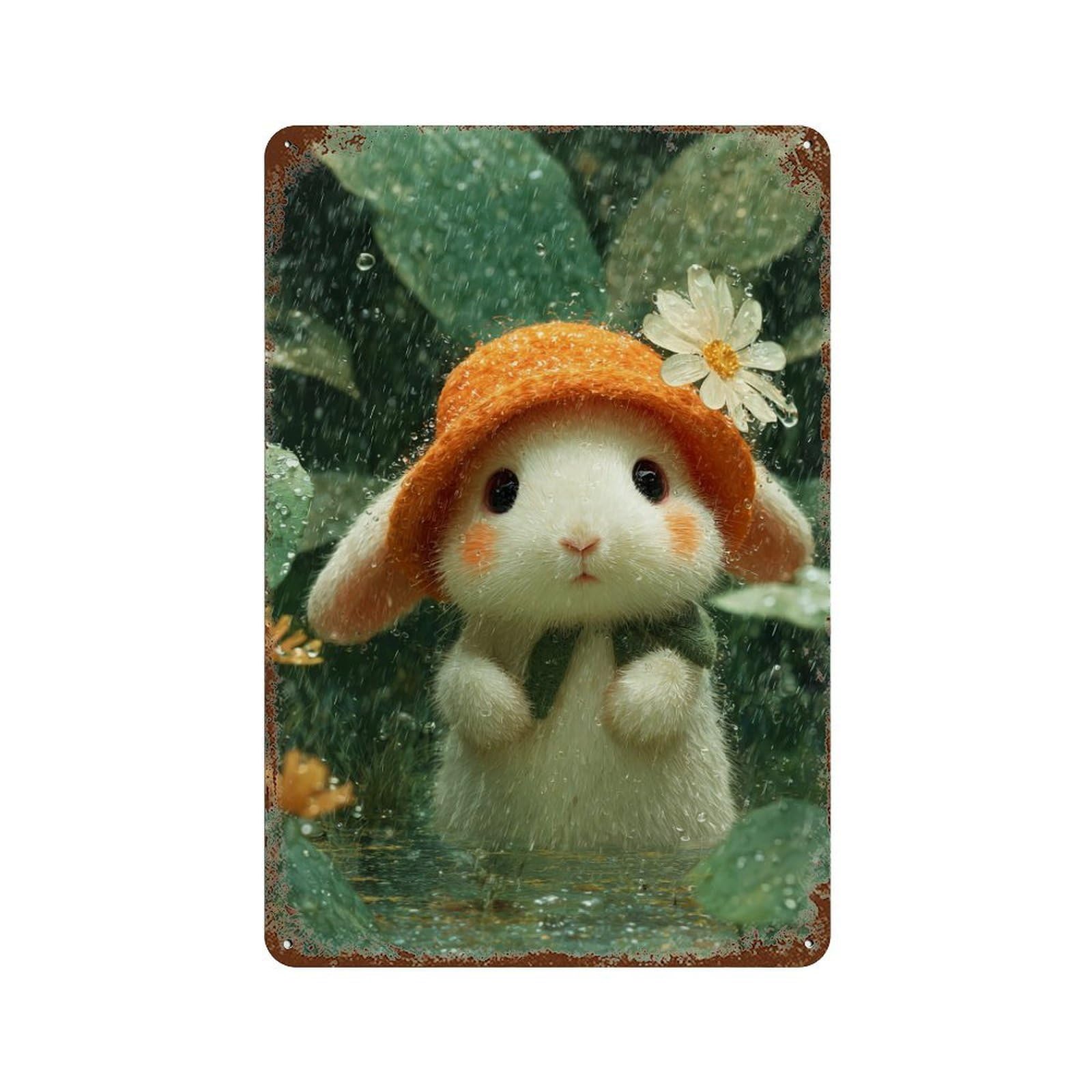 Rainy Day Bunny-2 Rust Effect Tin Sign 11.8"x7.9", Vintage Wall Decor for Garage, Pub Or Kitchen