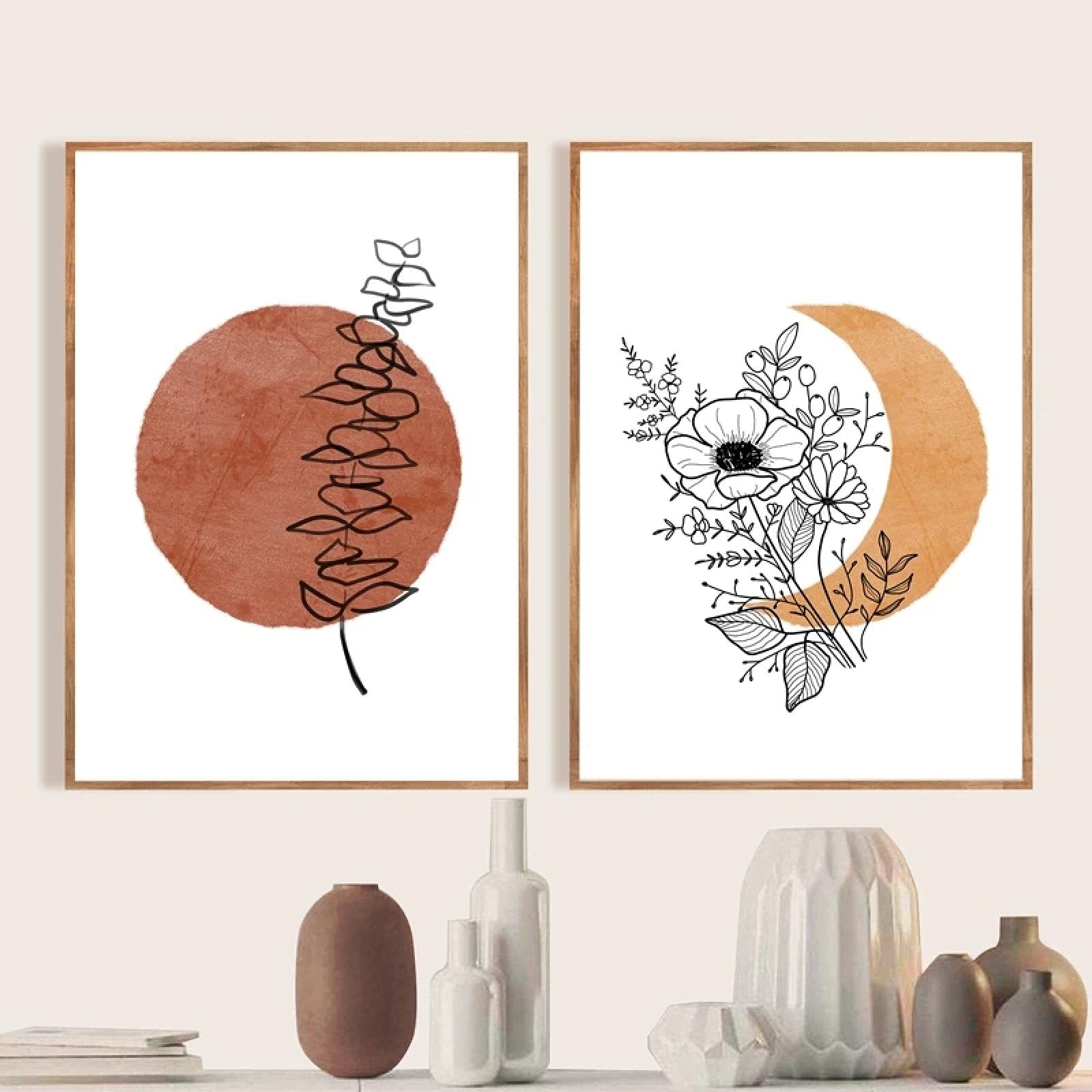 Abstracto Terracota Sol Luna Boho Lienzo Pintura Carteles Impresión Flor Plantas Línea Arte de la pared Imágenes Decoración de la habitación 70x90cm (28x35in) x2 Marco interno