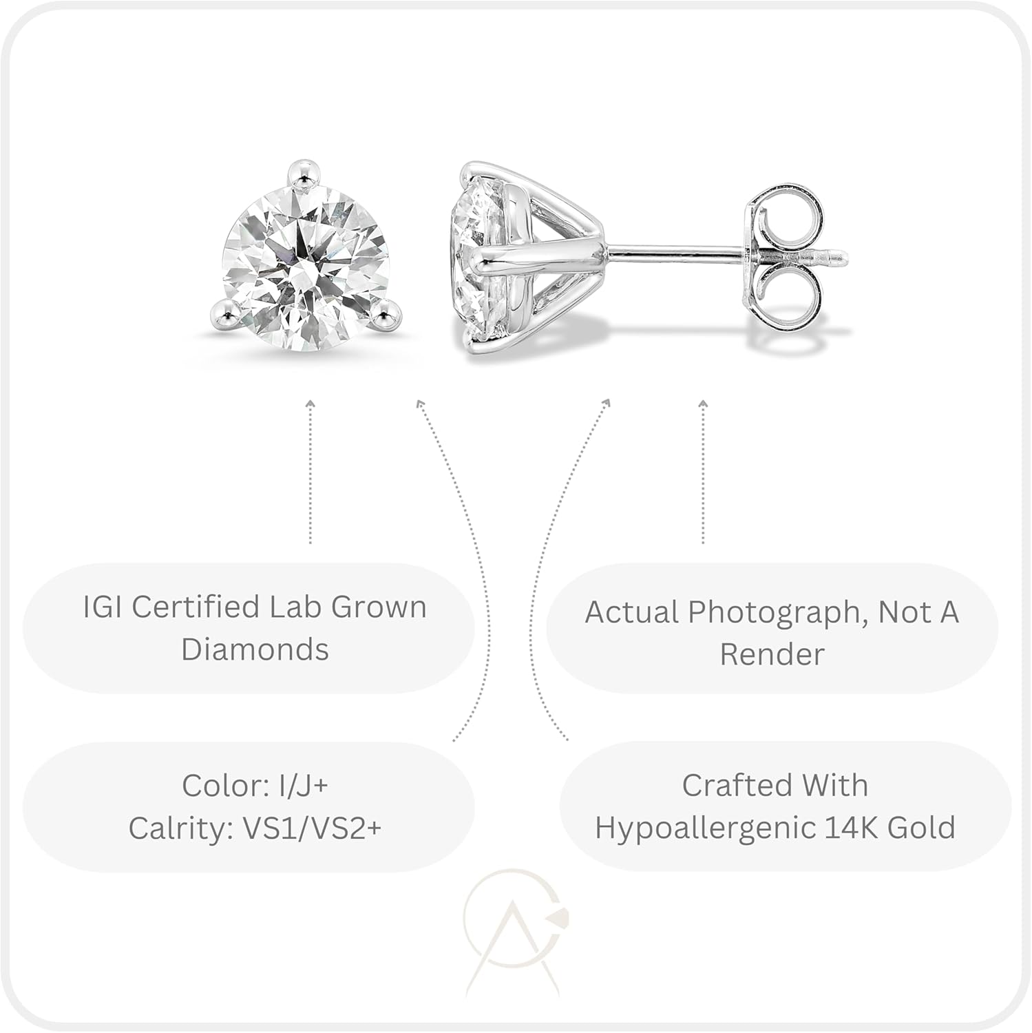 IGI Certified 1.50 to 4.00 Carat Lab Grown Diamond Round Stud Earrings for Women I 14k White Gold Earrings for Her (I-J, VS1-VS2, cttw) 3-Prong Martini Set Diamond I Push Back Studs