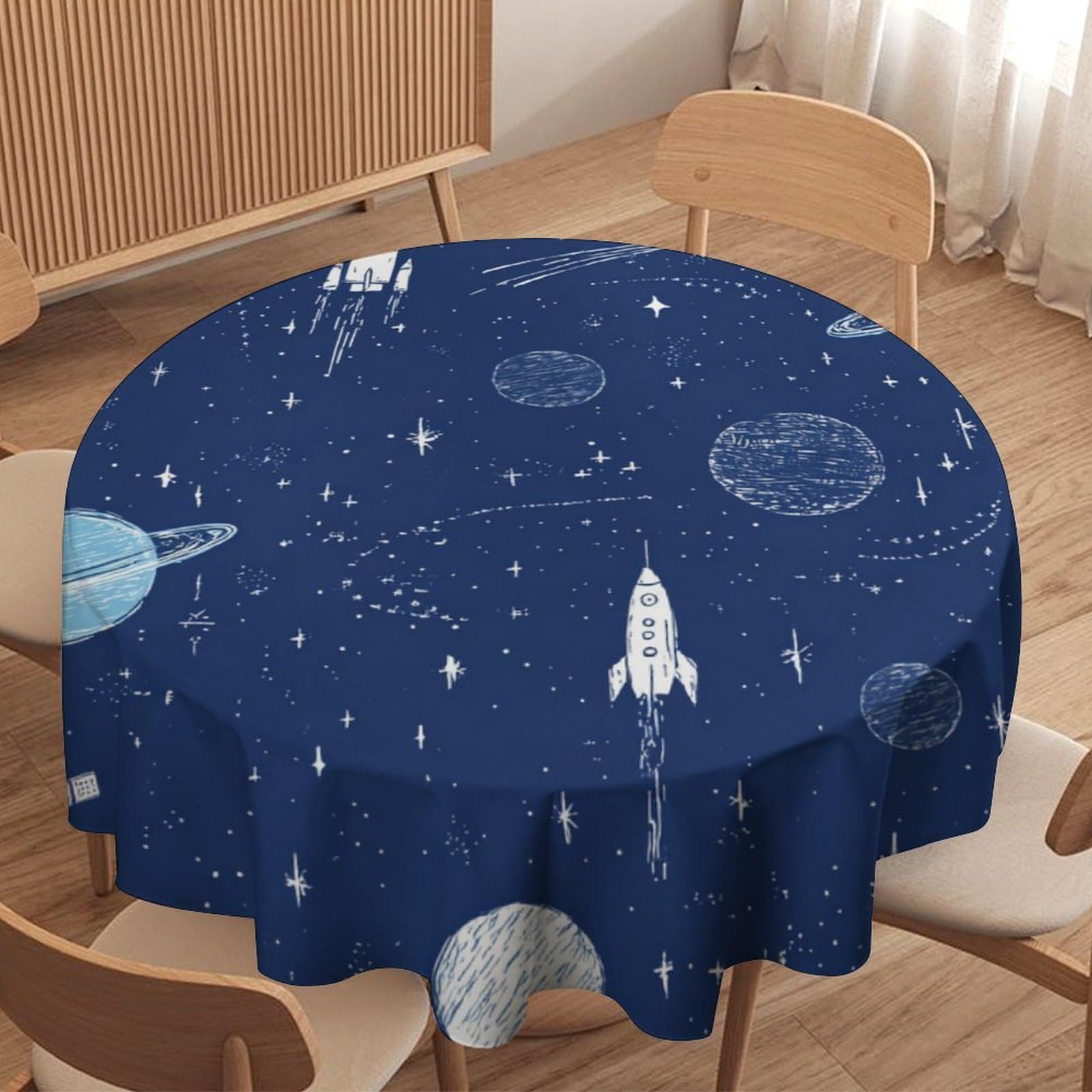 LUYYSKY Classic Galaxy Rocket Waterproof Round Tablecloth Watercolor Anime Outer Space Starry Sky Moon Constellation Pattern Washable Table Cover for Kitchen-91.4" Wx91.4 L cm