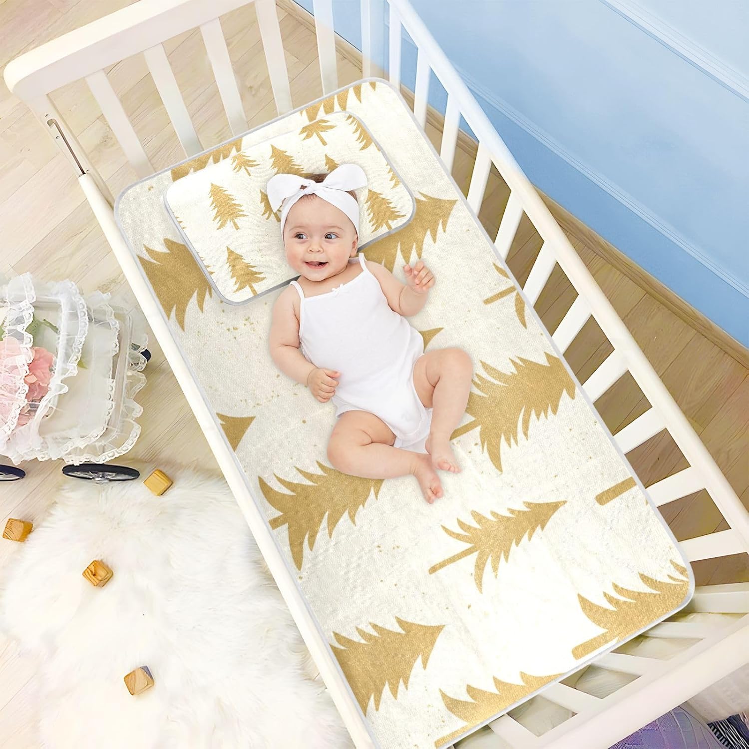 Christmas Tree Goldern Beige Cooling Baby Mattress Protector pad 28" x 52" Breathable Pads for Kids for Baby&Toddler