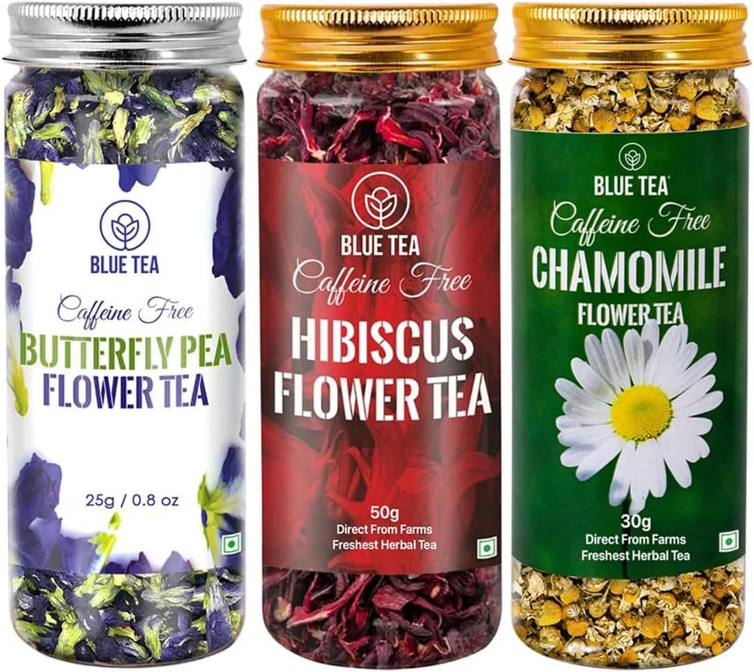 3 in 1 Combo | Butterfly Pea Flower - 25g, Hibiscus - 50g, Chamomile - 30g | For Skin Glow & Sleep | Caffeine Free - Herbal Tea - Flower Based | Reusable Pet Jar