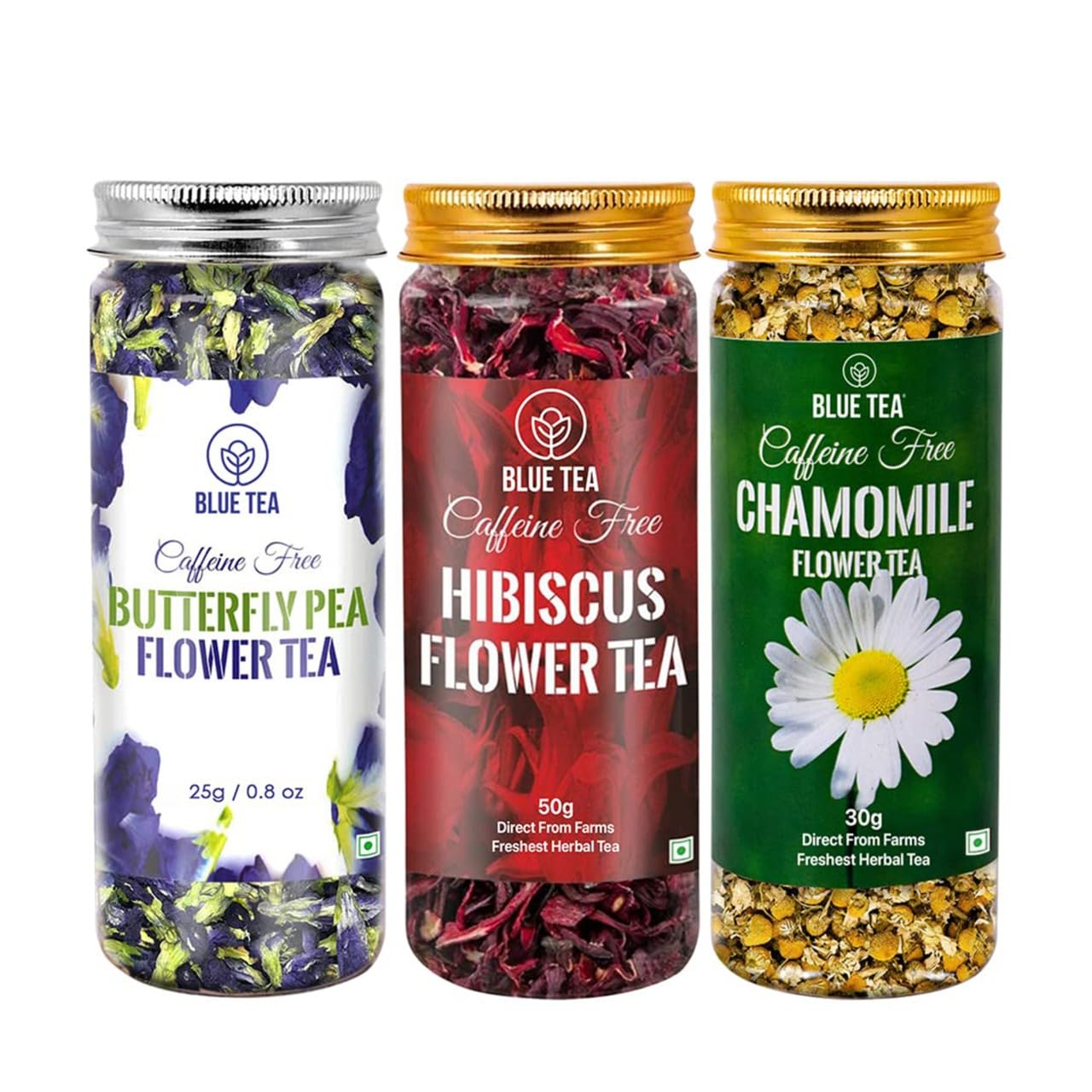 BLUE TEA - 3 in 1 Combo | Butterfly Pea Flower - 25g, Hibiscus - 50g, Chamomile - 30g | For Skin Glow & Sleep | Caffeine Free - Herbal Tea - Flower Based | Reusable Pet Jar