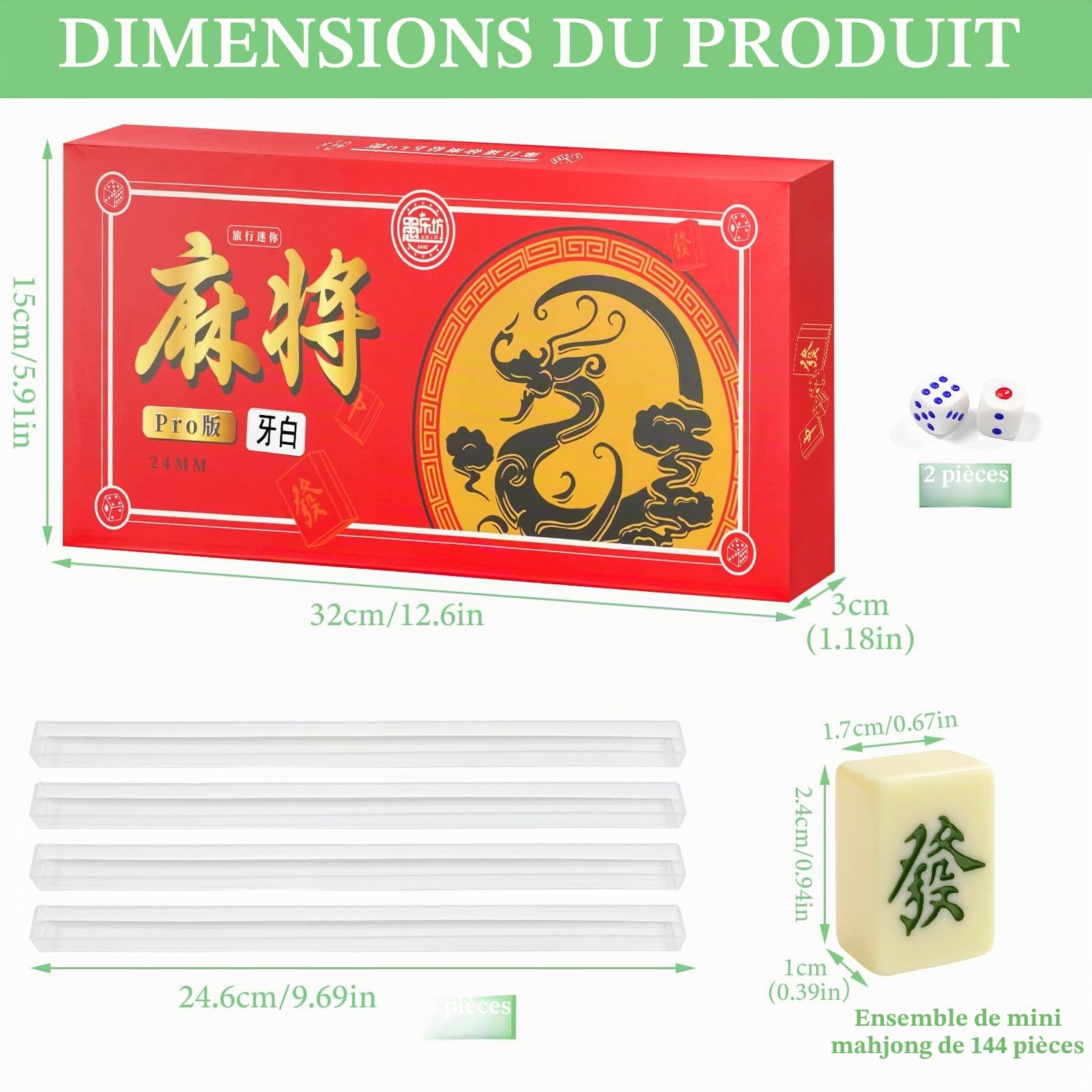 Mini Jeu de Mahjong 24mm, Jeu de société Portable Traditionnel avec 144 tuiles, 4 chevalets et 2 dés, Jeu de Voyage Compact et Tactique pour Adultes (Blanc Ivoire)