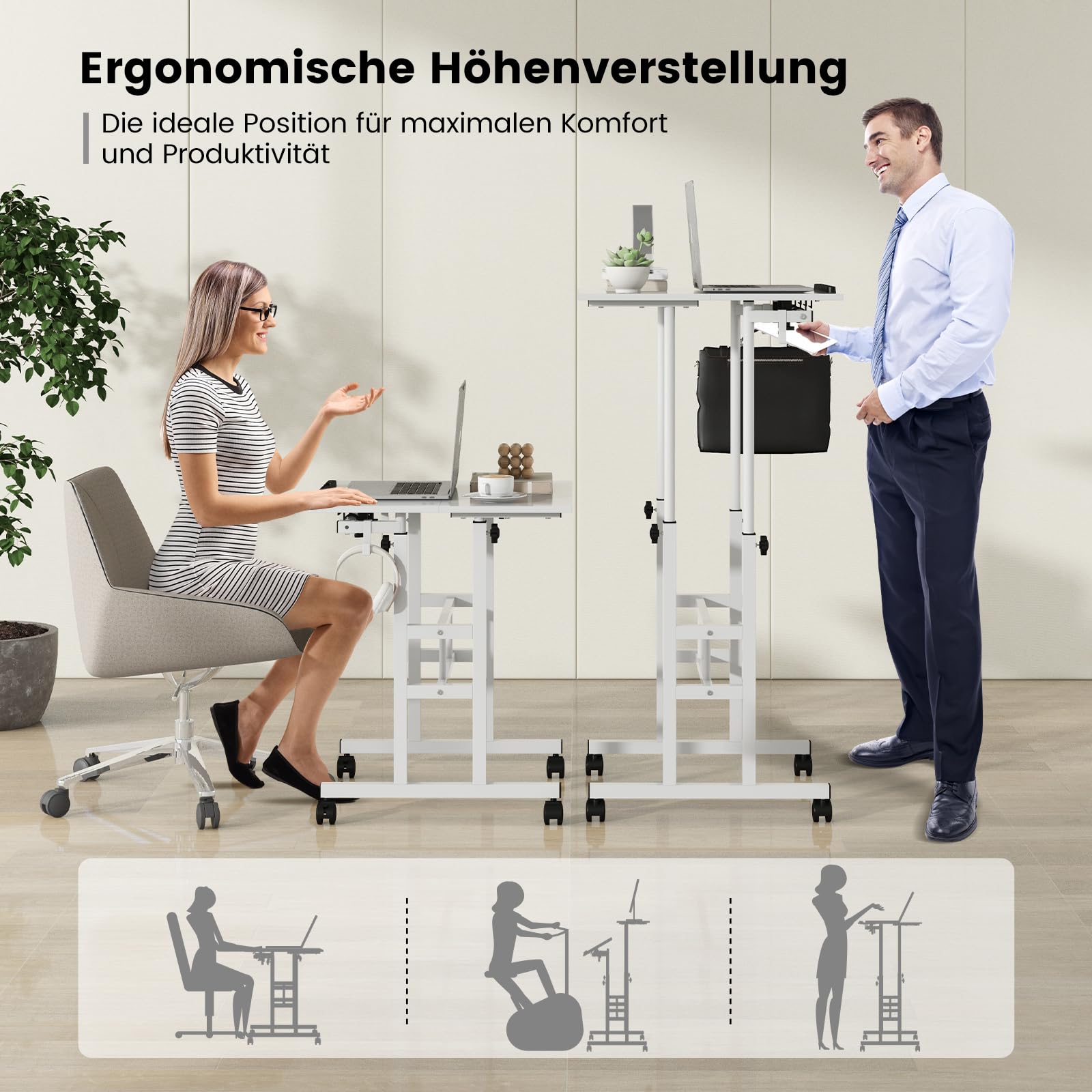 COSTWAY Stehpult Höhenverstellbar, mobiler Computertisch mit Rollen, neigbarer Tischplatte & 2 Haken, Schreibtisch, Steh-Sitz-Tisch, Laptoptisch für Zuhause, Büro (Weiß)