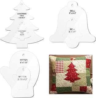 Kigley 3 Set Christmas Acrylic Quilting Template Ruler Christmas Tree Mitten Bell Template Patchwork Quilt Supplies for Use with 10'' Precut Fabric Squares Cutting Patterns Sewing Blanket DIY (Clear)