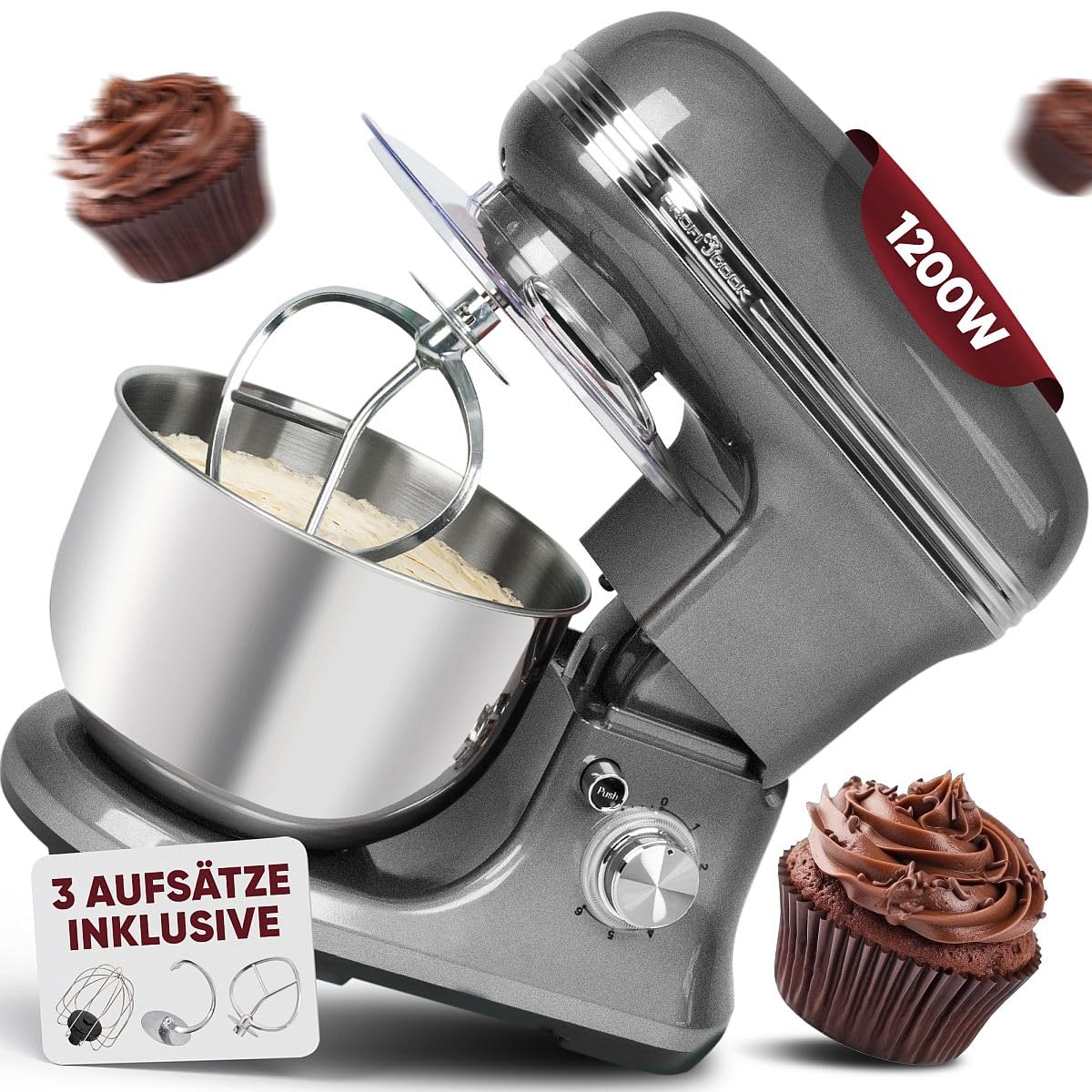 ProfiCook® Küchenmaschine zum backen | Knetmaschine 5L mit starkem 1200W Motor | Teigmaschine inkl. Haken & Schneebesen | Retro Teigknetmaschine Spritzschutz mit Nachfüllöffnung | PC KM 1197 anthrazit