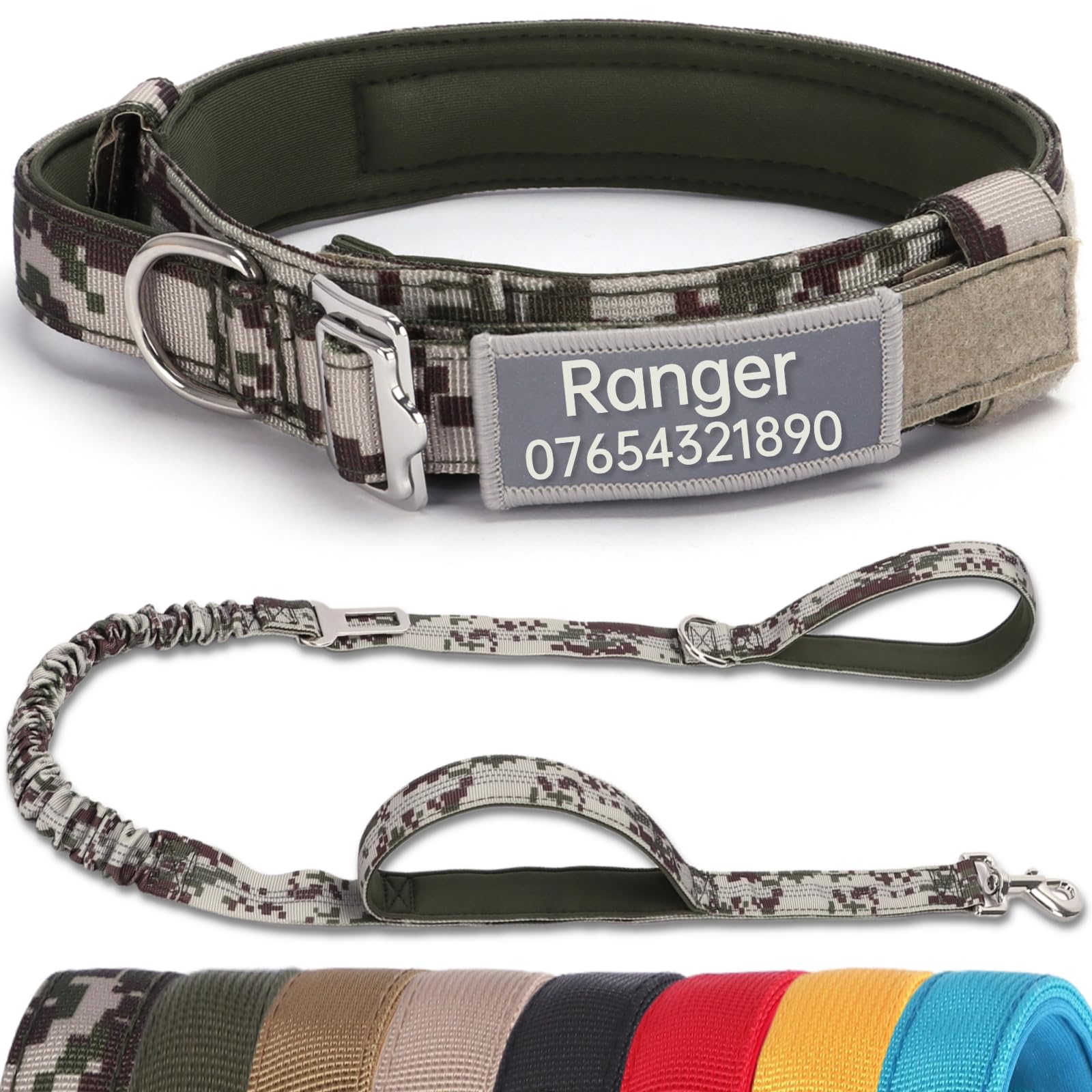 SEOUGEE Tactical Dog Collar Personalised with Handle and Leash Set, Soft Padded Dog Collars with Custom Reflective Name Patch, Pet Collars with Portable Buckle for Medium Large Dogs (Camo Set, M) — image 1