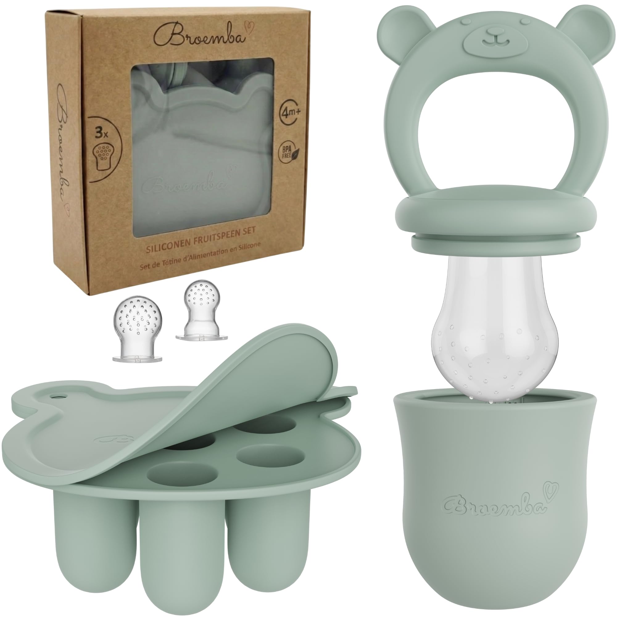 Broemba Fruchtsauger Baby & 3 Schnuller mit Eisform Set - Grüner Silikon Nahrungsschnuller mit Beißring, Fruchtschnuller für Obst & Gemüse, Eiswürfelform mit Deckel
