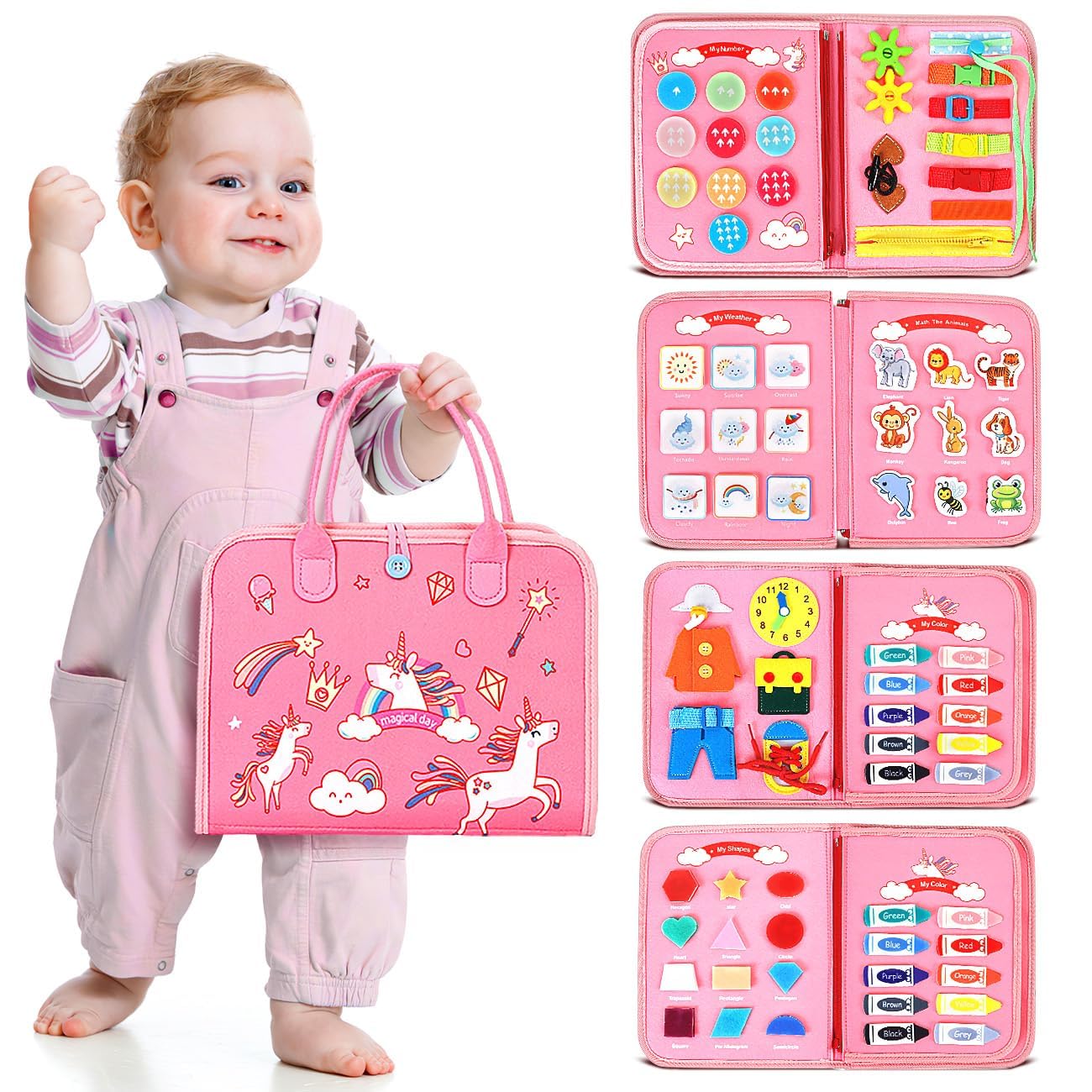 Busy Board, Montessori Spielzeug ab 1 Jahr, 8 in 1 Montessori Spielzeug Activity Board Motorikspielzeug & Lernspielzeug für 2 3 4 5 Jahre, Lernspiel als Geschenk für Kinder
