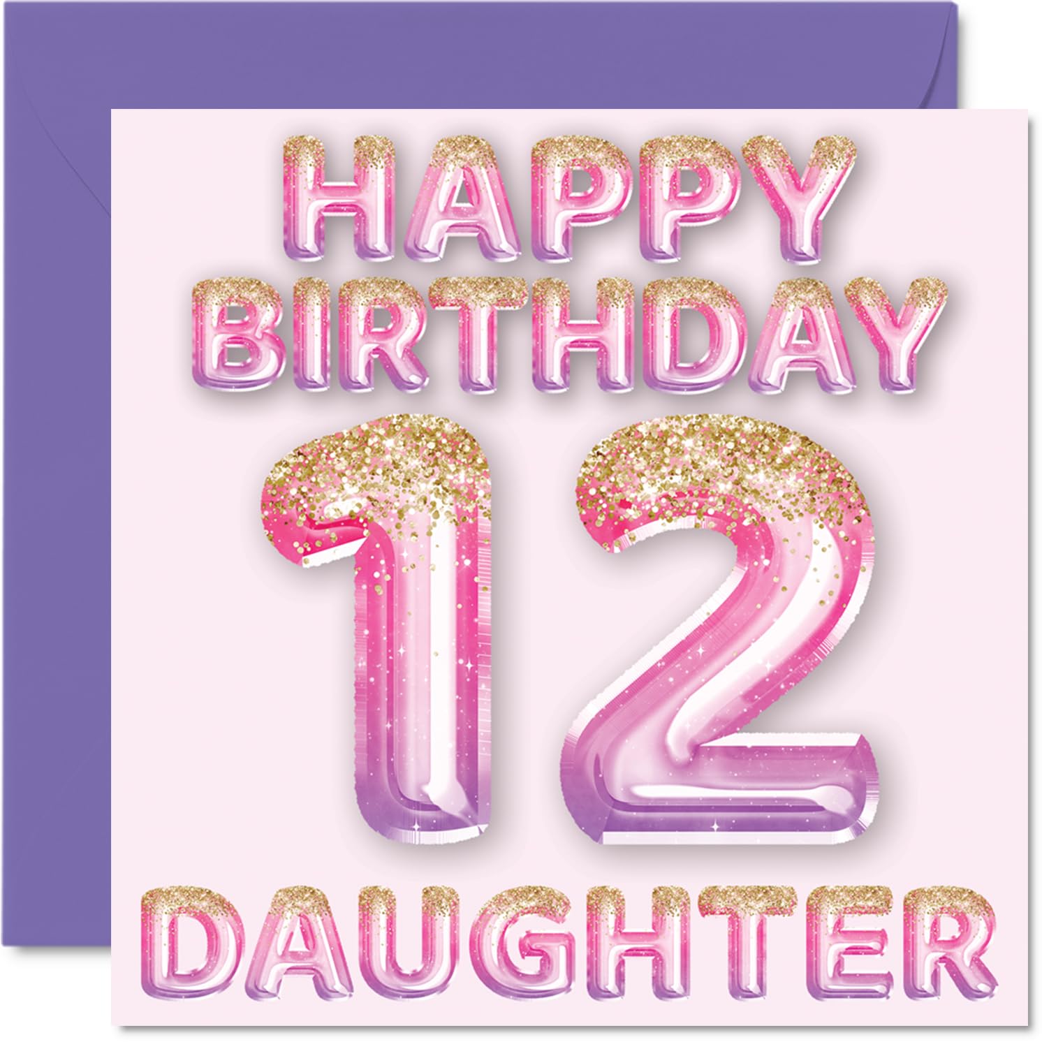 12th Birthday Card for Daughter, Pink & Purple Glitter Balloons