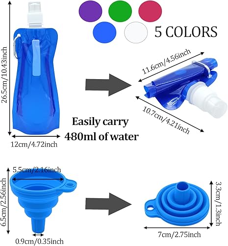 Miniatura 2 de 10 botellas de agua plegables reutilizables con clip de mosquetón y embudo plegable para gimnasio deportes equipos senderismo campamento ciclismo al