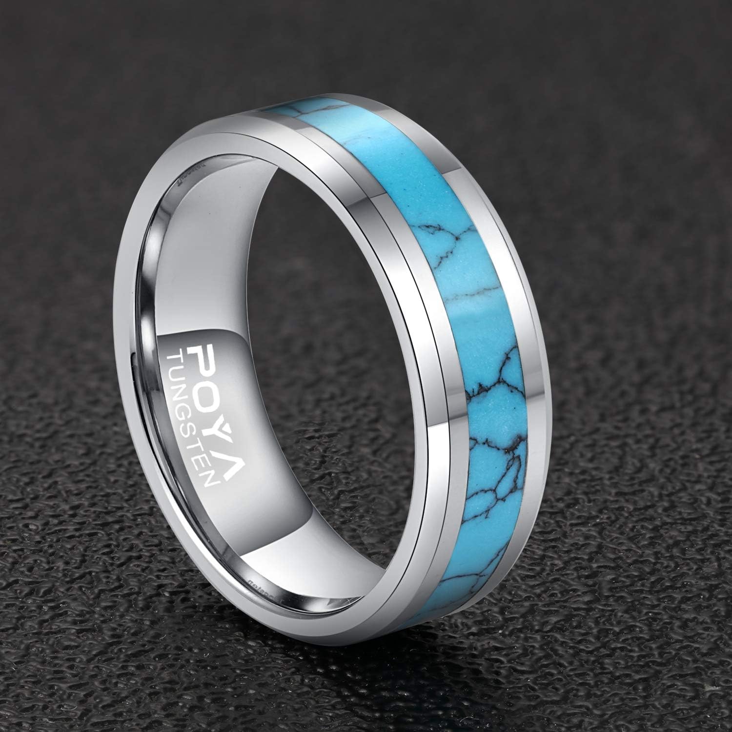 POYA 8mm Tungsten Wedding Band Turquoise Rings for Men Beveled Edges Comfort Fit - Image 2