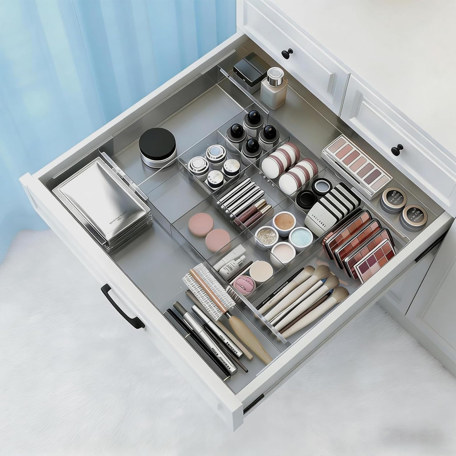 Expandable Drawer Organiser, Clear PET Plastic, Adjustable Width 26.9-51cm Depth 28.4-51cm, 6 Removable Dividers, Makeup Cosmetics Kitchen Bathroom Storage