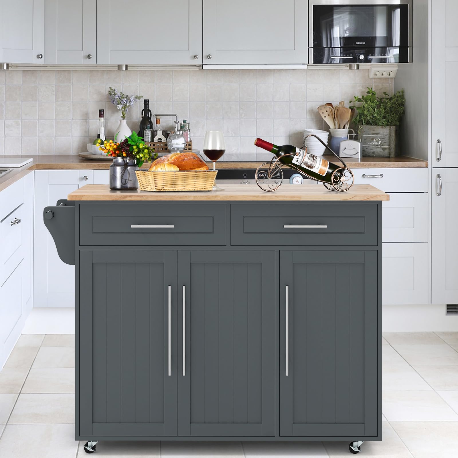 KOMFOTTEU Carrello Portaoggetti con Ruote con 2 Freni, Isola Cucina in Rovere Massiccio, Mobiletto da Pranzo con Portaspezie e Portasciugamani, per Soggiorno, 111,5 x 46 x 93 cm, In 2 Pacchi (Grigio)