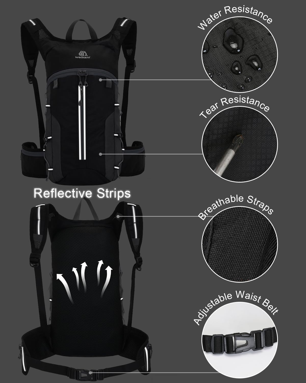 Faltbarer Fahrradrucksack Kleiner mit Helmnetz, MTB Rucksack Herren & Damen, Ultraleicht Wanderrucksack für Laufen Radfahren Skifahren, Schwarz