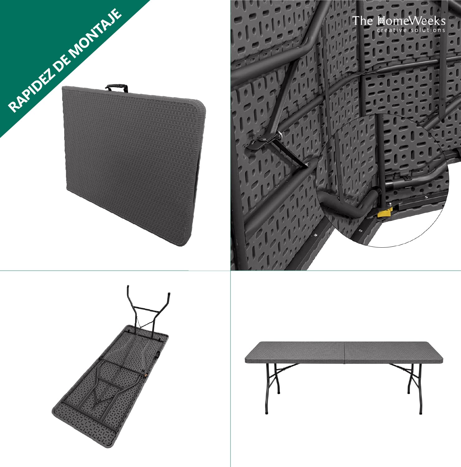 The Homeweeks Mesa Plegable Solid Efecto Ratan Gris Antracita 180cm | portátil | Normativa Uso público | Tablero Resina HDPE 3,5cm | Capacidad 6/8 Personas | Carga 150 kg.