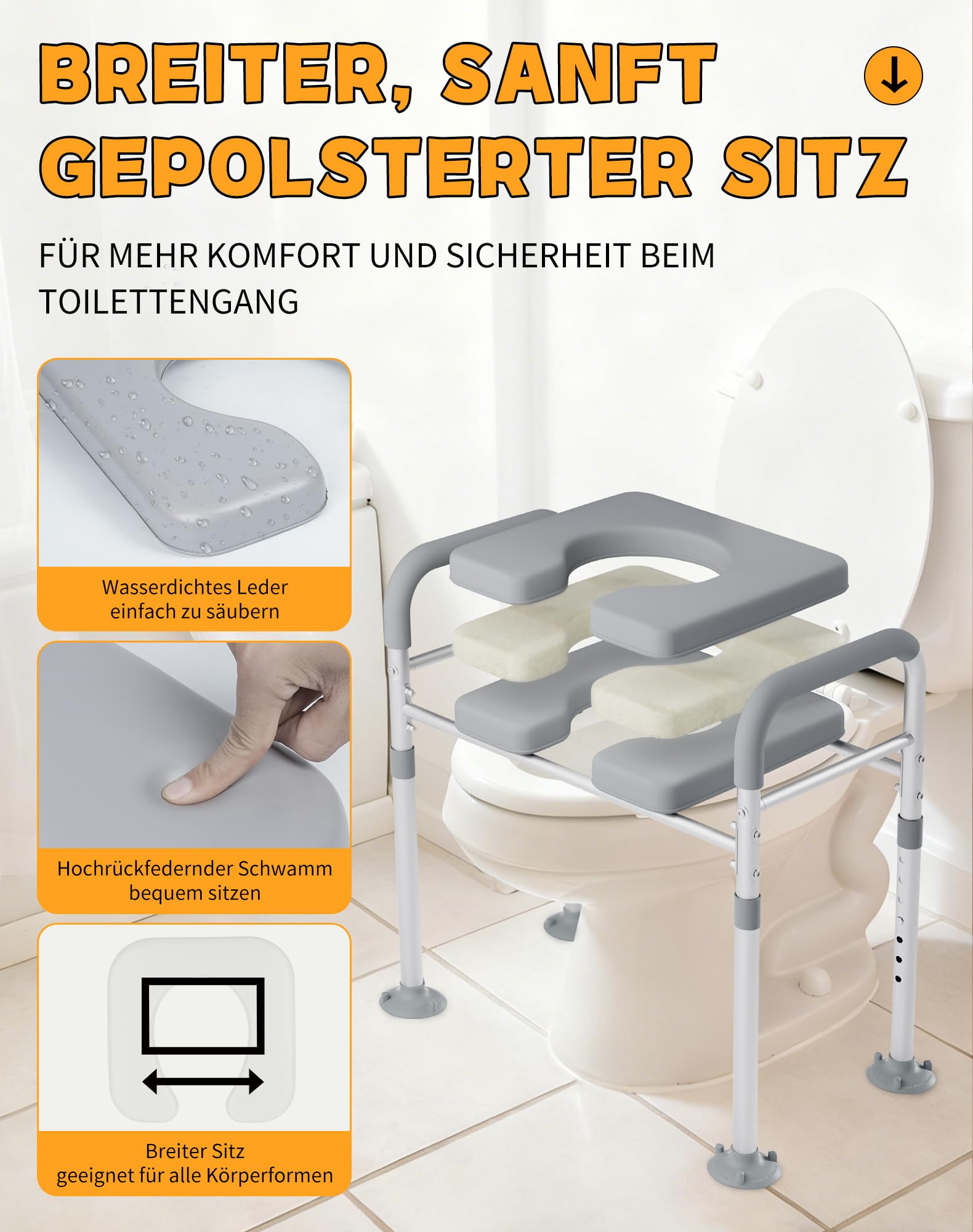 Podwyższenie deski sedesowej z podłokietnikami, regulacja wysokości siedziska – ergonomiczna pomoc w wstawaniu dla seniorów, kobiet w ciąży i osób z ograniczoną mobilnością, antypoślizgowe