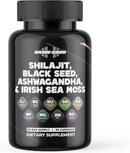 DAMN GOOD Shilajit Cápsulas Power Stack - Semilla negra, Ashwagandha, Irish Seamoss - 90 unidades