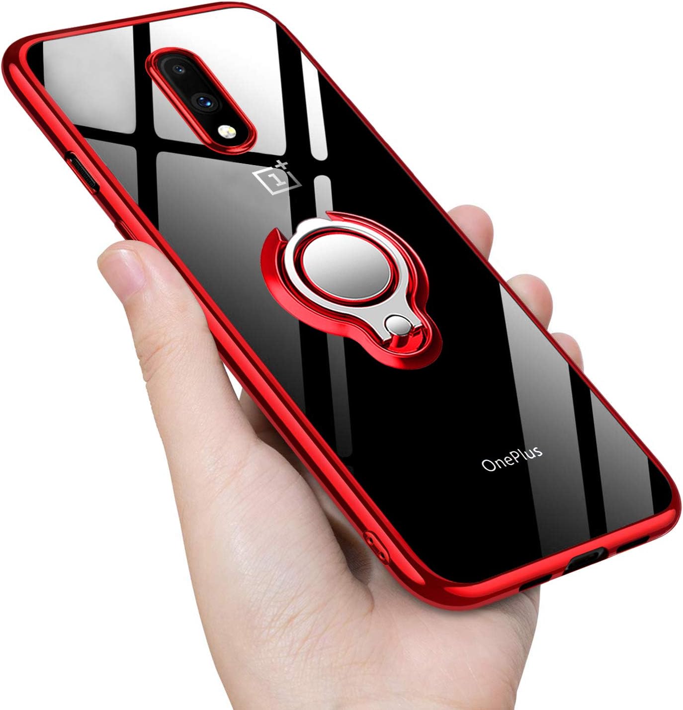 Guuboly OnePlus 7 Case Clear Soft TPU Silicone Case with 360 Rotatable Ring Kickstand Holder Transparent Shock Absorption Slim Fit Flexible Rubber Cover for OnePlus 7 - Red