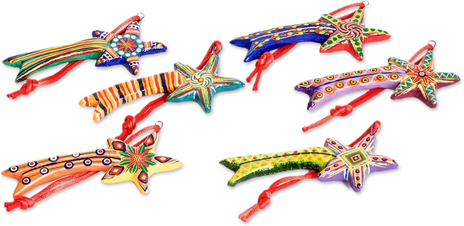 NOVICA Decorative Star Ceramic Hanging Holiday Ornaments, Assorted, Shooting Stars' (Set of 6)