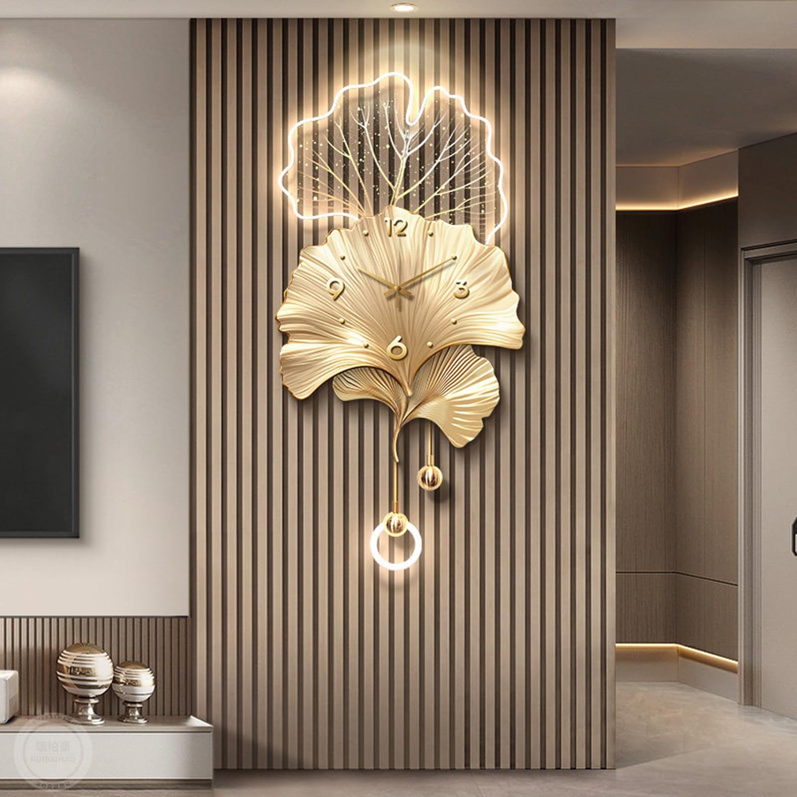 ITOSUI 3D Art Wall Clock with LED Light,Apricot Leaves Wall Clock,Non-Ticking,Entryway Wall Decoration,Plug-in Power Supply,for Living Room,Bedroom,Dining Room(39.4 * 19.7in)